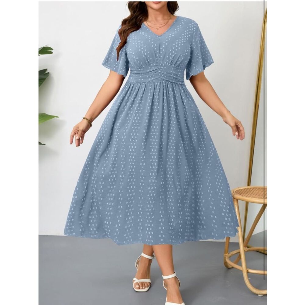 NWT -Maxi Dress V Neck Swiss Dot A Line High Waist Boho Swing Dresses - Picture 3 of 3